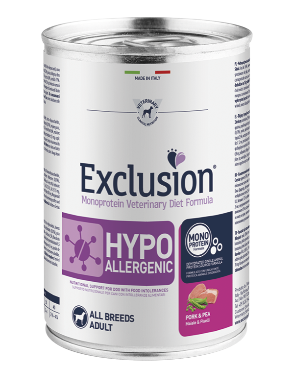 Exclusion Veterinary Diet Formula Hypoallergenic Per Cani Maiale/Piselli Lattina 400gr