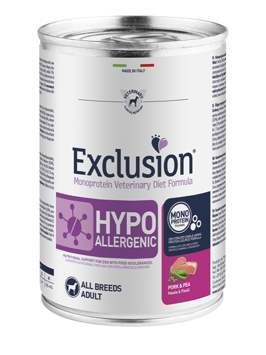 Exclusion Veterinary Diet Formula Hypoallergenic Per Cani Maiale/Piselli Lattina 400gr